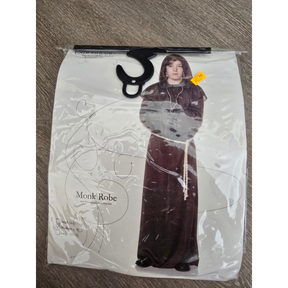Underwraps Kids Monk Robe Costume Brown Hooded Friar Set Medium 6-8 25876